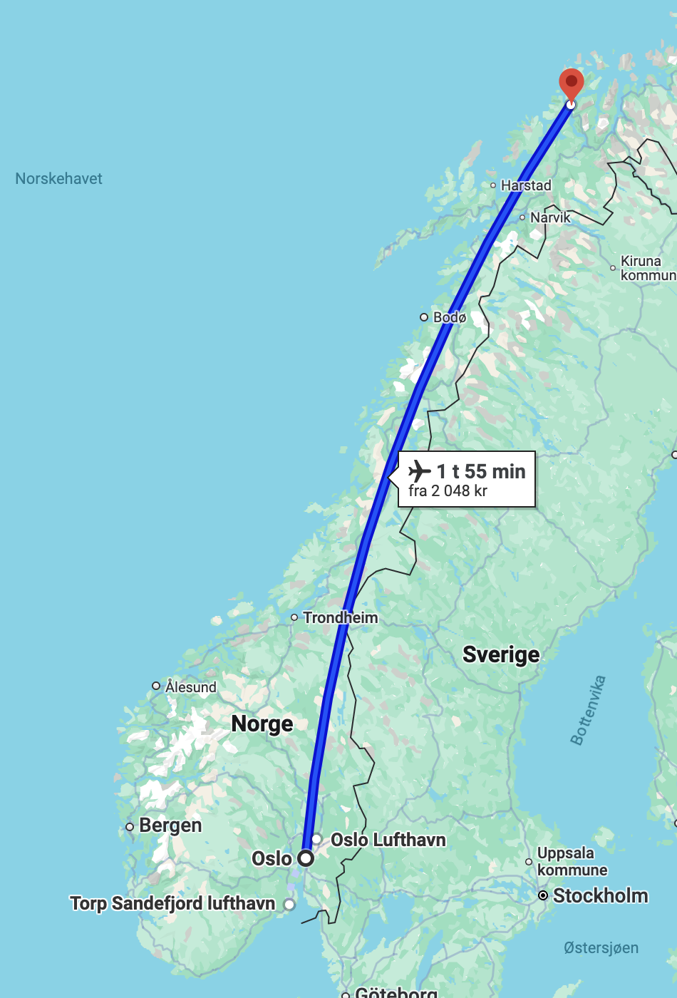 flight path from Oslo to Tromsø to demonstrate the distance